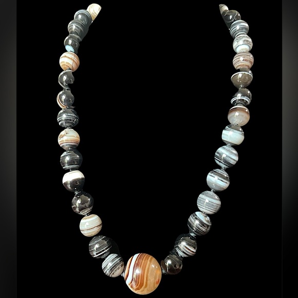 Vintage Banded Agate Bead Sterling Silver Necklace